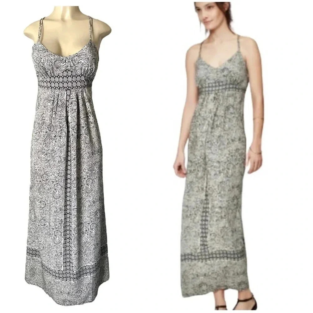 ANN TAYLOR LOFT Women’s Size 4 Maxi Dress Black/White Paisley Spaghetti Straps